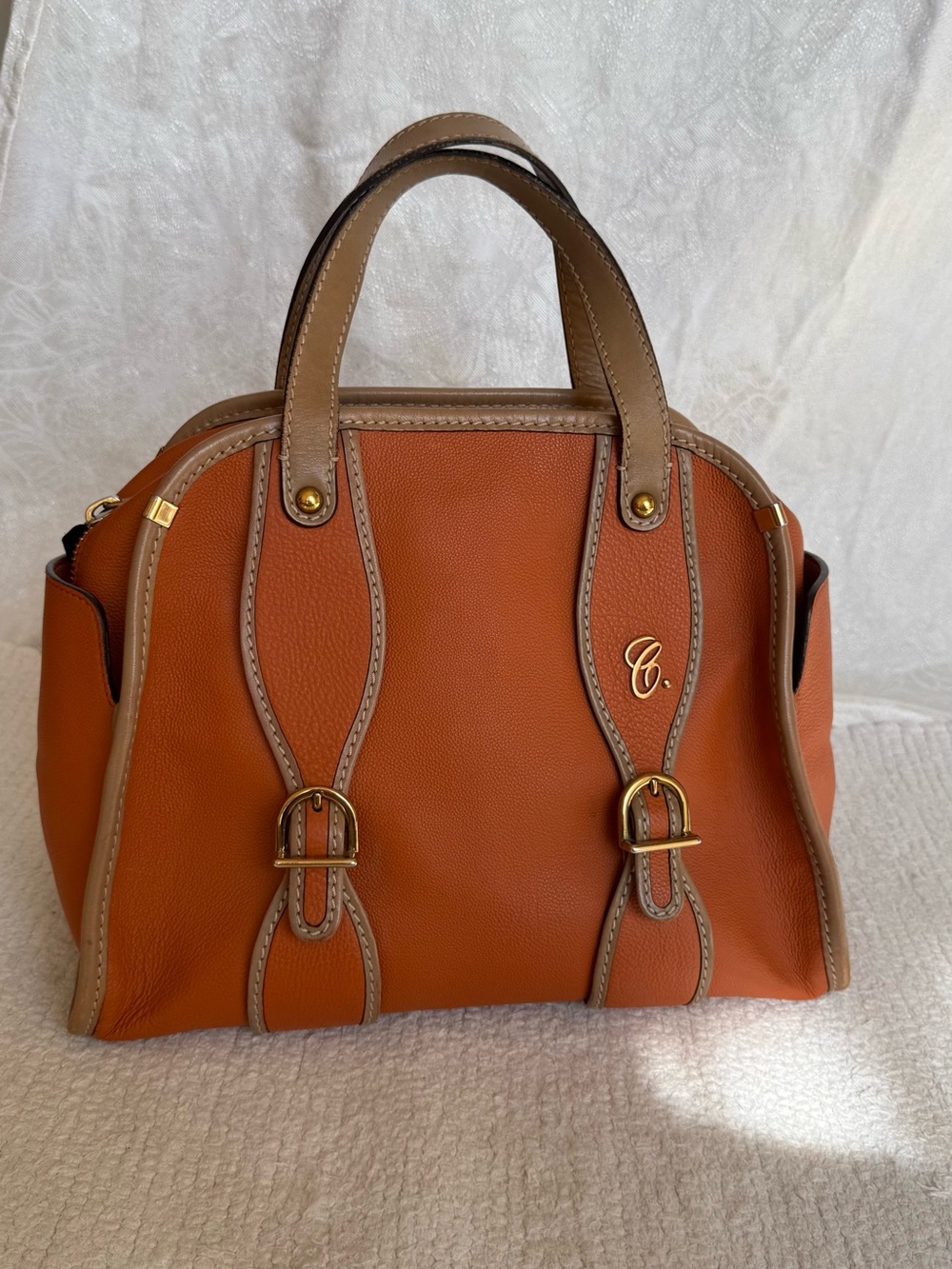 Chloe Orange & Tan Leather Satchel with Gold Hardware